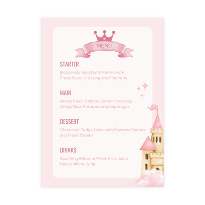 Pink Princess Castle Menu Cards