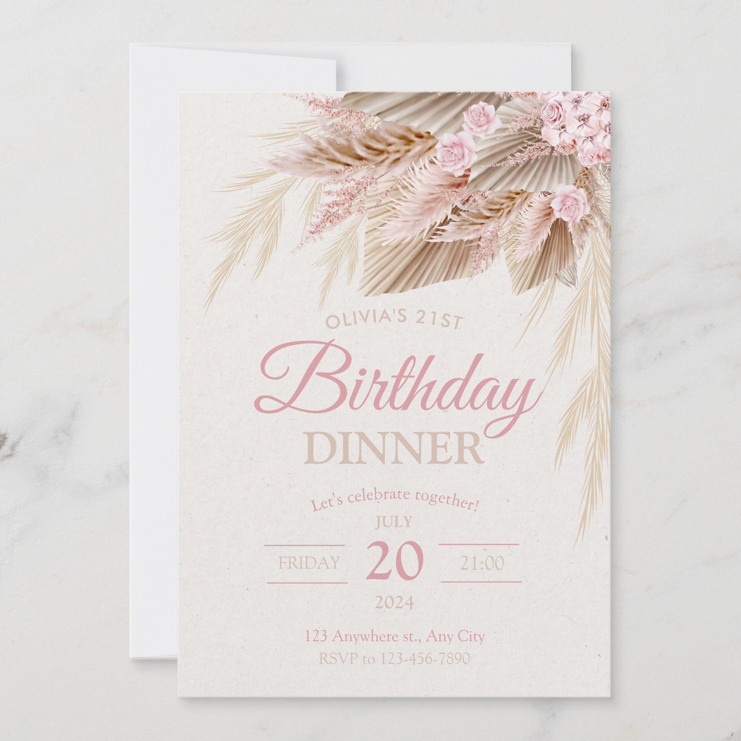 Boho Pampas Pink Modern Chic Birthday Girl Invitation