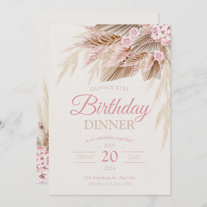 Boho Pampas Pink Modern Chic Birthday Girl Invitation