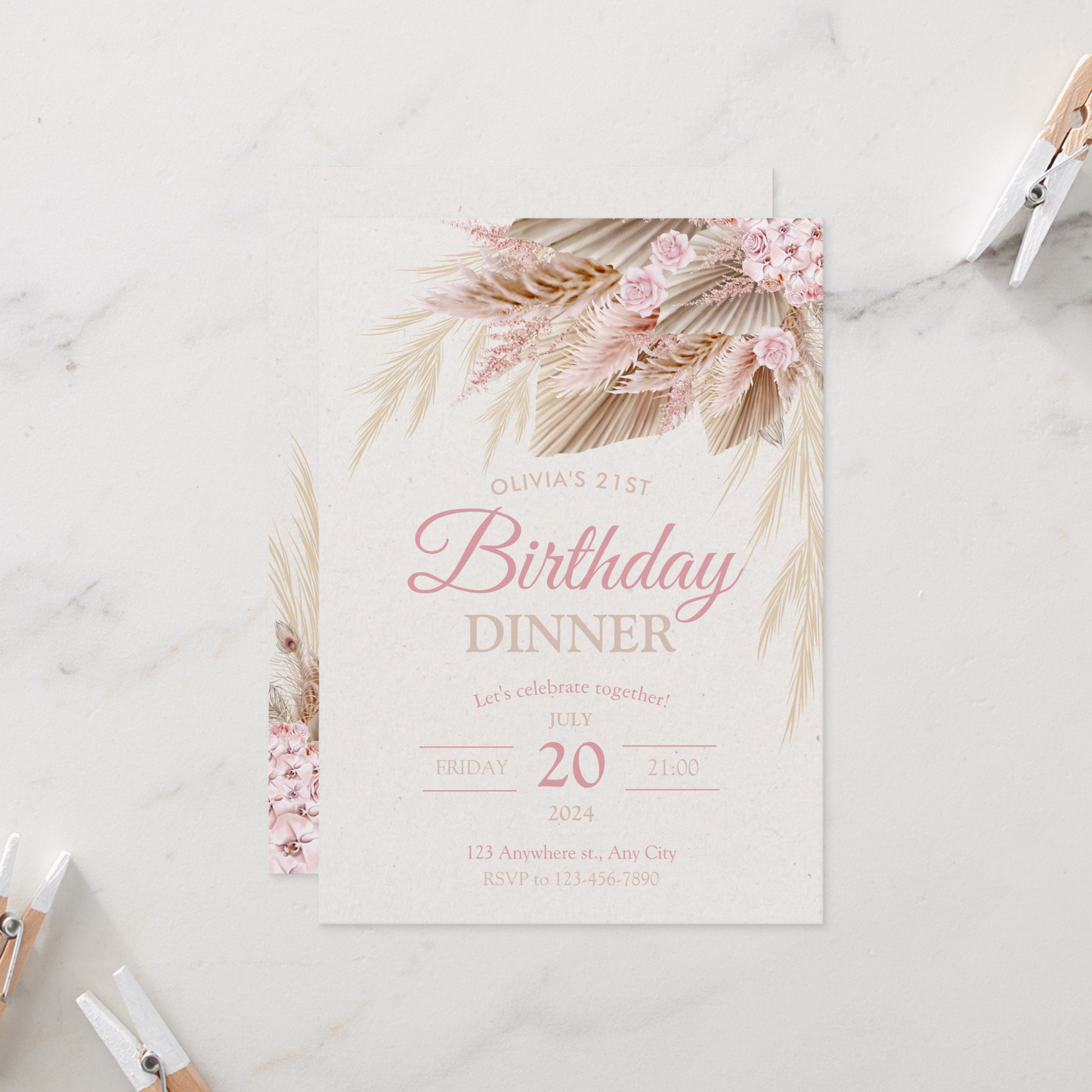 Boho Pampas Pink Modern Chic Birthday Girl Invitation