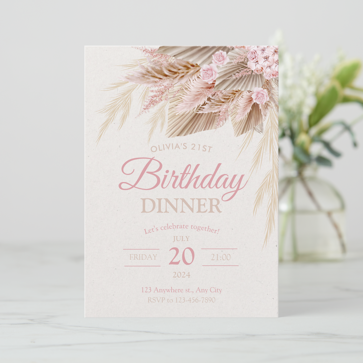 Boho Pampas Pink Modern Chic Birthday Girl Invitation