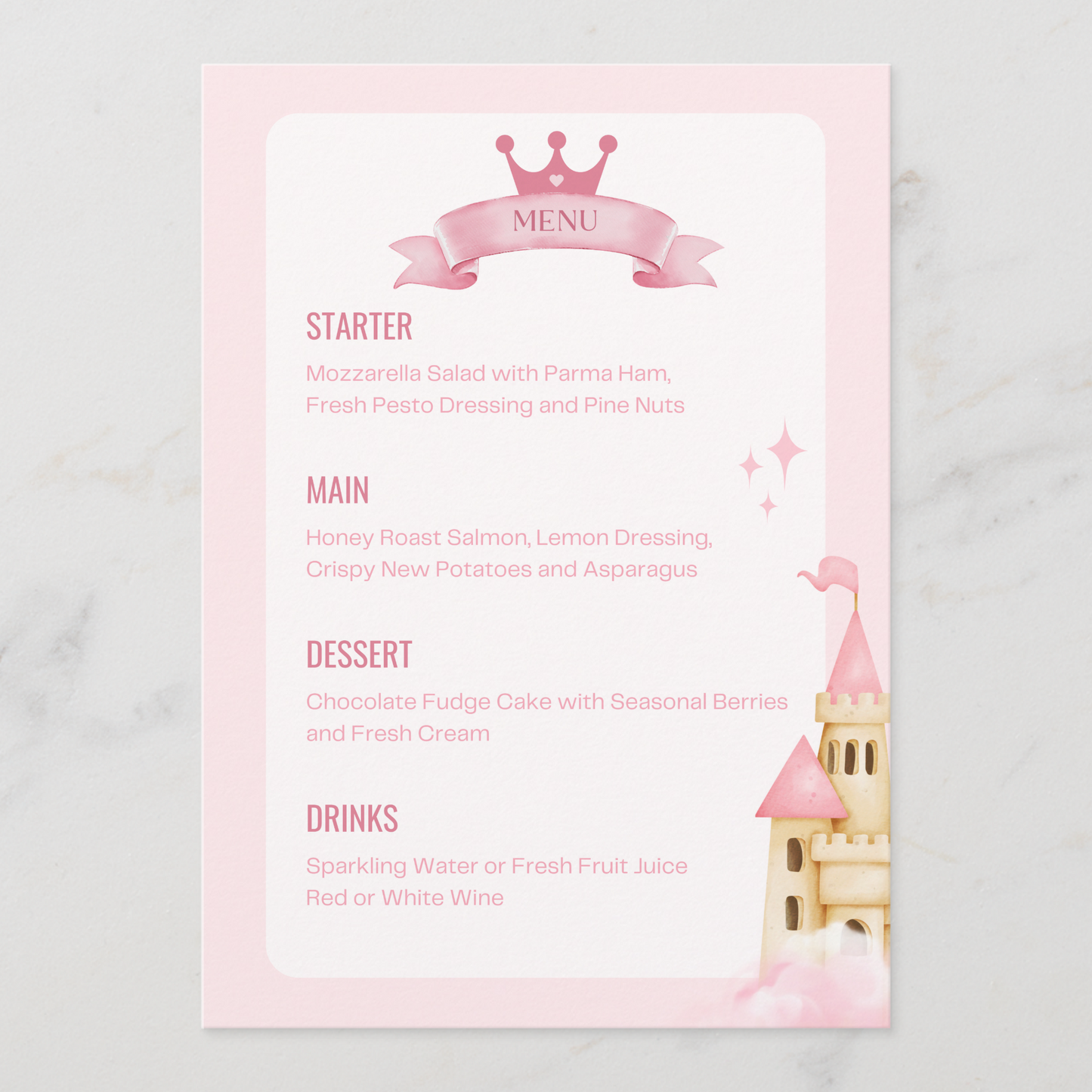 Pink Princess Castle Menu Cards